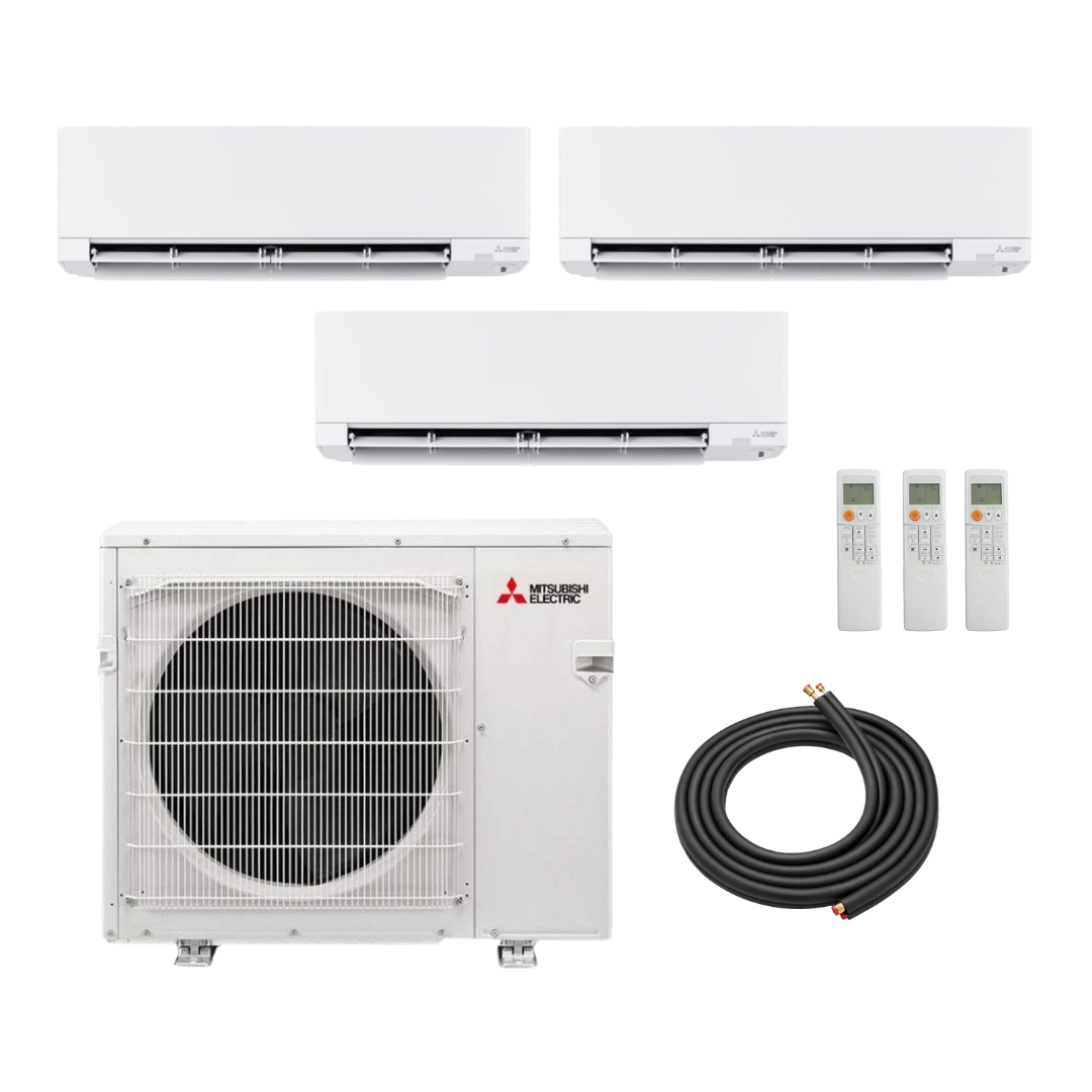Mitsubishi 24,000 BTU (9K + 9K + 9K) GX-Series 20 SEER2 3 Zone Wall Mount Mini Split Heat Pump System - R454B | 230V