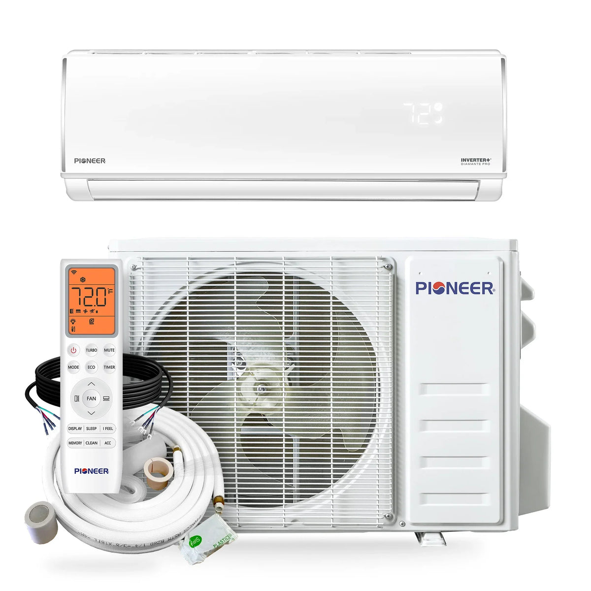 Pioneer® Diamante Pro™ 12,000 BTU 20 SEER2 High-Wall Ductless Mini-Split Air Conditioner Inverter Heat Pump with 16 Ft. Kit - 115V