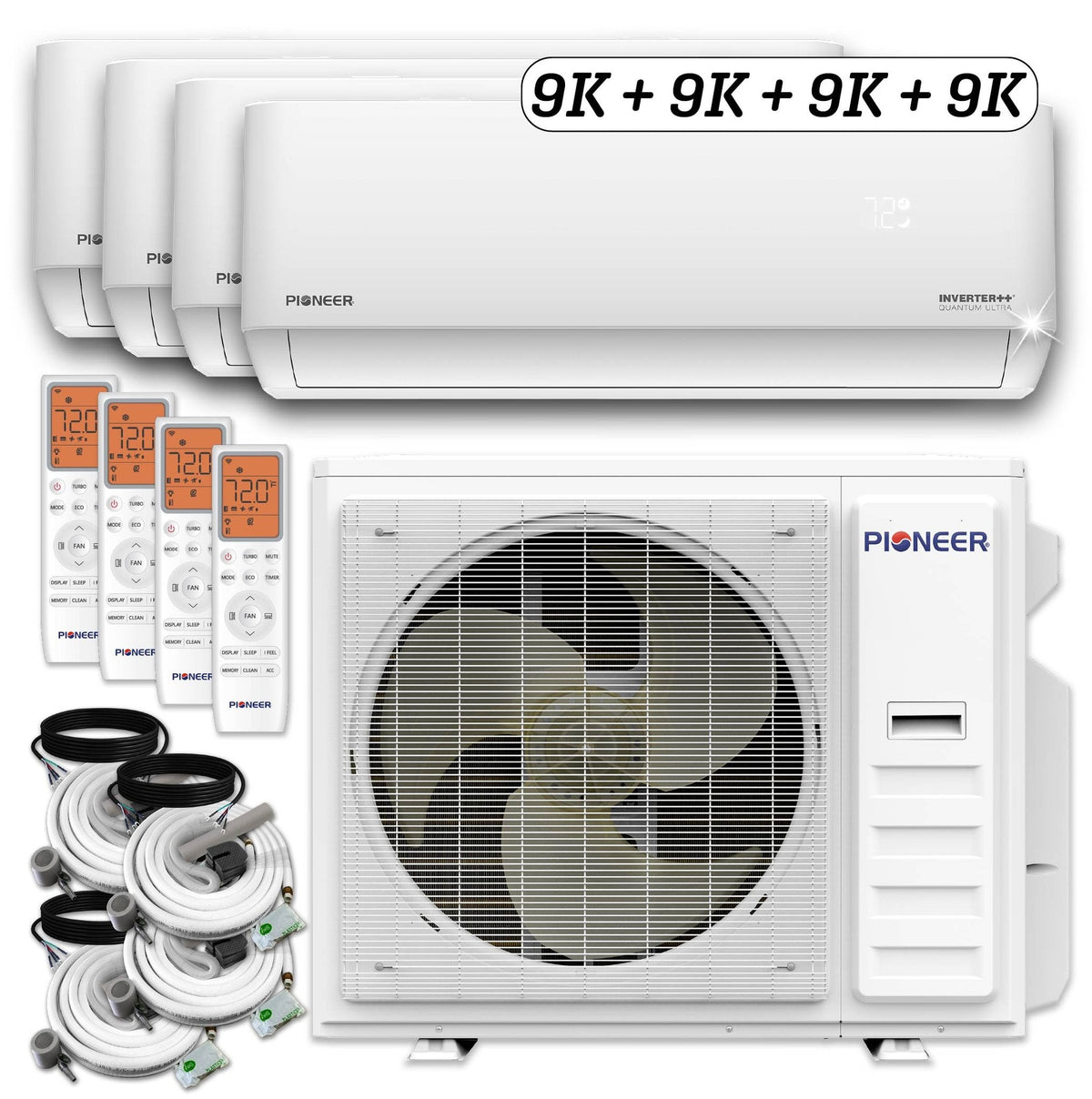 Pioneer 4-Zone Split 36000 BTU 3-Ton Quantum Ultra Wi-Fi 22.5 SEER Energy-Star Multi (4) Zone Wall Mount Air Conditioner Heat Pump 230-Volt
