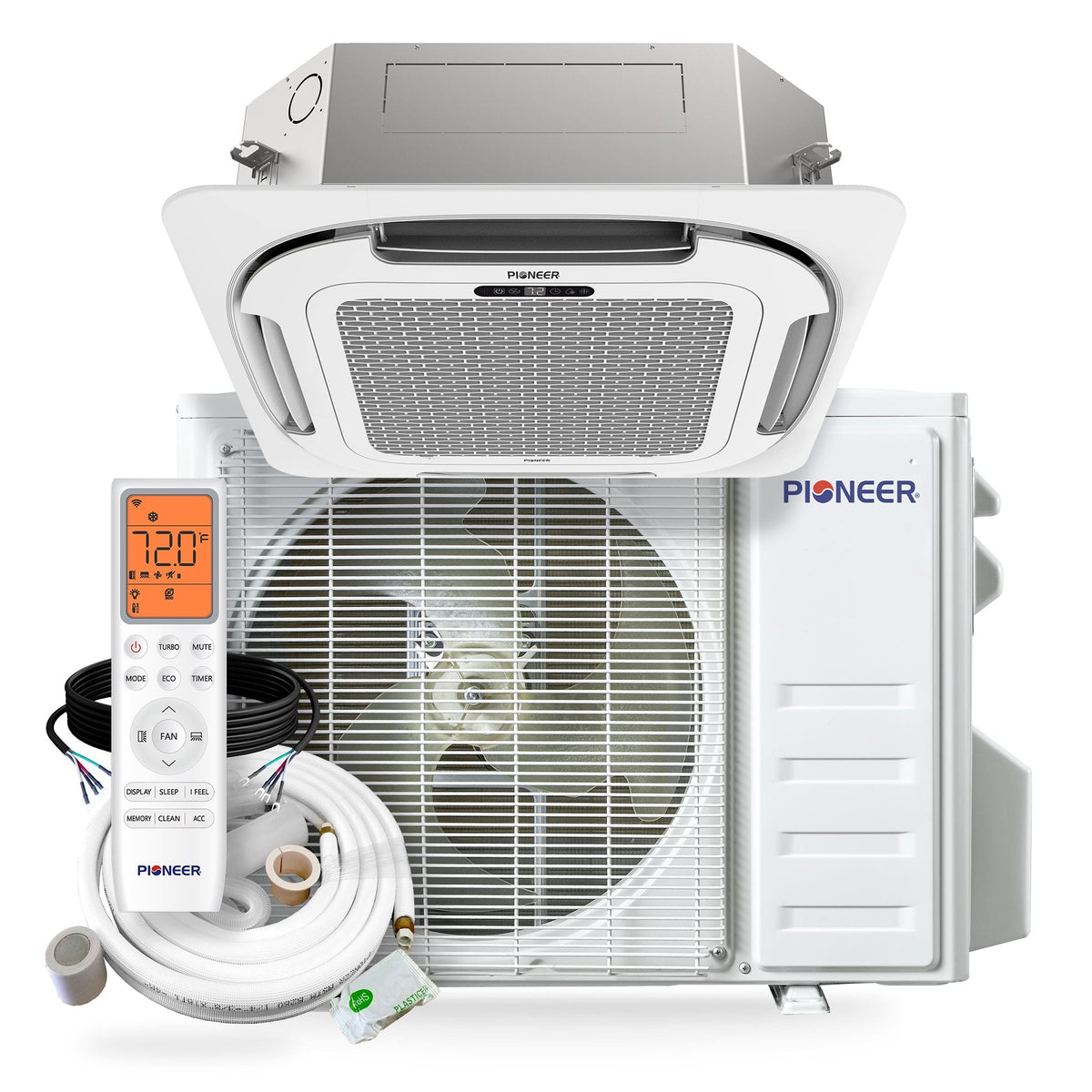 Pioneer® Quantum Ultra™ 16,000 BTU 20.5 SEER2 230V 8-Way Ceiling Cassette Ductless Mini-Split Air Conditioner Inverter Heat Pump Full Set