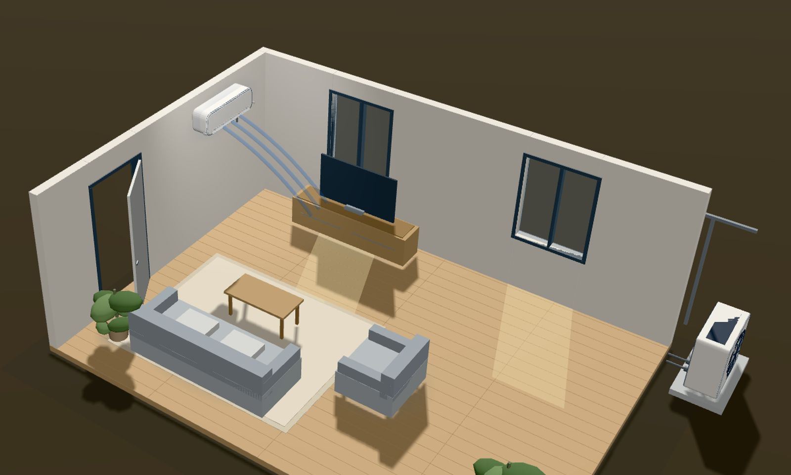 A 3D room with a mini split, from the System Finder