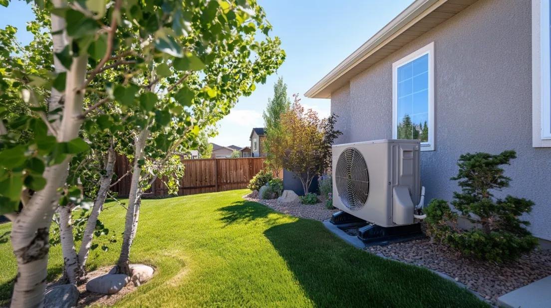 Outdoor condensing unit installed beside a home